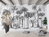 SILK ROAD EU Papier Peint Panoramique jungle Soie, 355 x 250 cm, noir et blanc Sketch Tropical Rainforest Coconut Tree Poster Geant Mural Personnalisé 3D pour Salon Chambre Décoration Murale