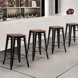 COSTWAY Lot de 4 Tabouret Bar Tolix Empilable de Style Industriel Vintage Siège en Bois avec Repose-Pied et Patin du Pied pour Salle à Manger, Salon, Cuisine, Hauteur 64,5 CM, Jusqu’à 150 KG, Noir