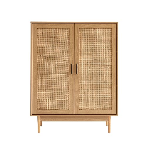 BAÏTA - Buffet Haut Amana Effet chêne et cannage en rotin 2 Portes