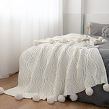 MYLUNE HOME Plaid Couverture Tricot en Chenille avec Les Pompons - Couverture de lit Douce et Chaude Jeté de Canapé (130 x 160cm)-Blanc