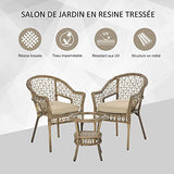Outsunny Ensemble Bistro de Jardin Style bohème Chic 2 fauteuils avec Coussins + Table Basse résine tressée Beige
