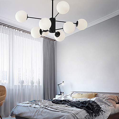 Globe Mid Century Lustre Lustres Spoutnik Modernes Laiton Brossé Plafond Suspension Luminaires Doré avec Abat-Jour en Verre Globe Blanc pour Salon Salle à Manger Cuisine Ferme (10 Lumières