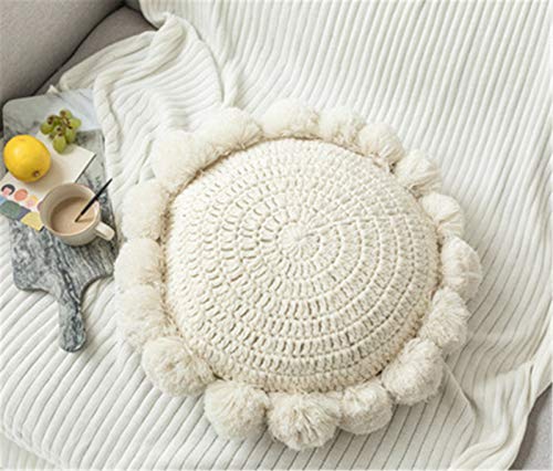 SWECOMZE Macramé Tissé à la Main Rond Coussins Boho avec Pompons, décorative pour canapé Bureau Salon, Beige (Beige)