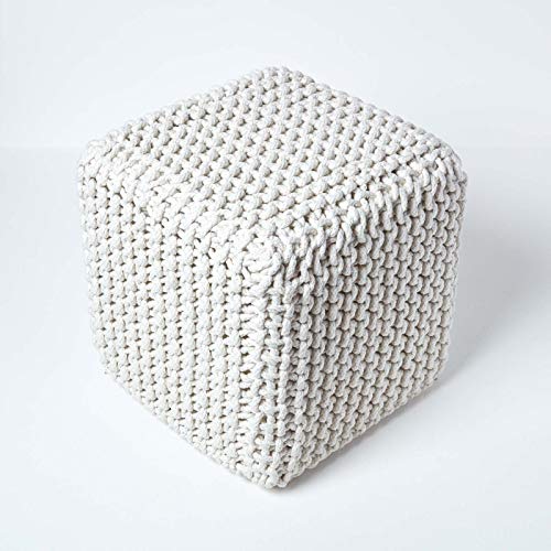 HOMESCAPES Pouf carré tressé en Tricot, Pouf Cube Coloris Blanc cassé, 35x35x35 cm
