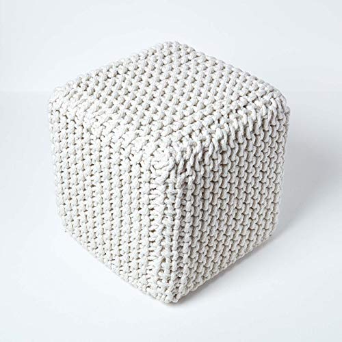 HOMESCAPES Pouf carré tressé en Tricot, Pouf Cube Coloris Blanc cassé, 35x35x35 cm HOMESCAPES Pouf carré tressé en Tricot, Pouf Cube Coloris Blanc cassé, 35x35x35 cm