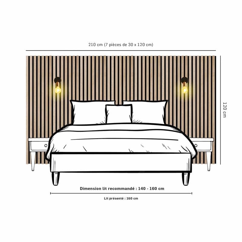 DECOON Lot de 7 Revêtements muraux tasseaux Bois 120x30x1 cm - Pack tête de lit 160 - Lamelles chêne Clair Fond Noir 2,52 m²