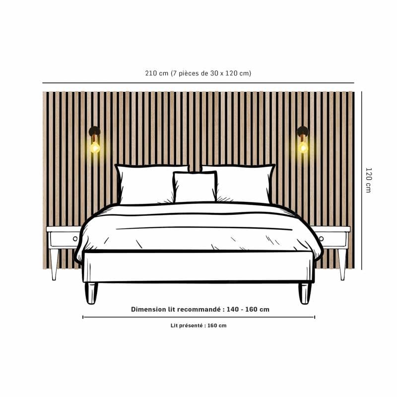 DECOON Lot de 7 Revêtements muraux tasseaux Bois 120x30x1 cm - Pack tête de lit 160 - Lamelles chêne Clair Fond Noir 2,52 m² DECOON Lot de 7 Revêtements muraux tasseaux Bois 120x30x1 cm - Pack tête de lit 160 - Lamelles chêne Clair Fond Noir 2,52 m²