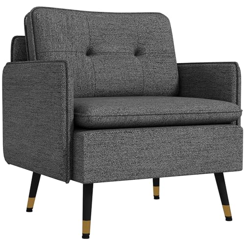 HOMCOM Fauteuil scandinave Dossier capitonné avec Passepoil en Tissu 76 x 68 x 80 cm | Gris et Pieds en métal Noir et doré