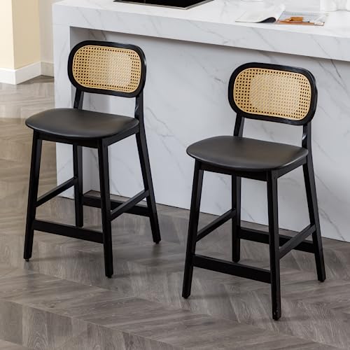 Wahson Tabouret de Bar Rotin Lot de 2, Chaise de Bar en Bois et Cannage Tabouret Bois avec Coussin Imperméable, Chaise Haute Bar Rétro pour Cuisine et Bar, Noir