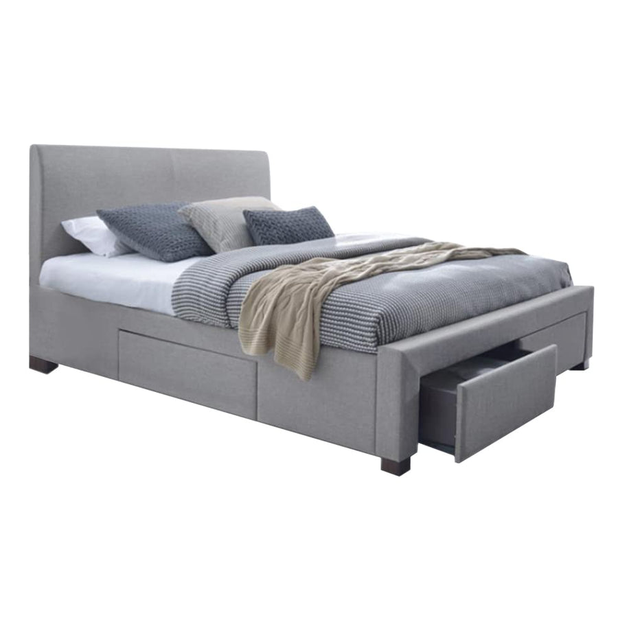  Pack Lit Double en Tissu Gris avec Tiroirs, Pieds, Tête de lit, Sommier et Matelas 140 x 190 cm Inclus - Tendance et Pratique - Vancouver 