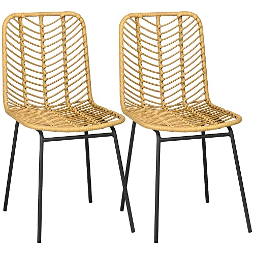 HOMCOM Lot de 2 chaises de Salle à Manger Design bohème en résine tressée Imitation rotin et piètement métal - 44 x 58 x 85 cm - Jaune