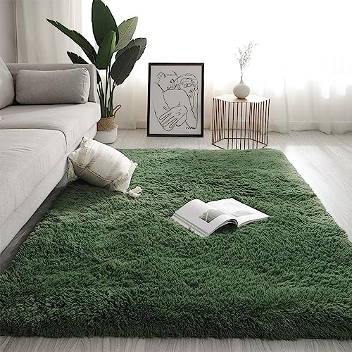 Swsen Tapis Salon Shaggy Longs Super Doux - Tapis Shaggy Moelleux Dessous Antidérapant - Tapis Chambre Moderne Lavable à Poils Longs 160 x 200 cm, Vert Foncé
