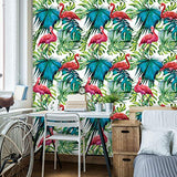 Fototapete Consalnet ForWall AMF11083_VE Papier Peint Mural en Non-tissé Motif Flamant Rose sur Les Feuilles, Non-tissé, Vert, Rose, Turquoise, VEXXL (312cm. x 219cm.)