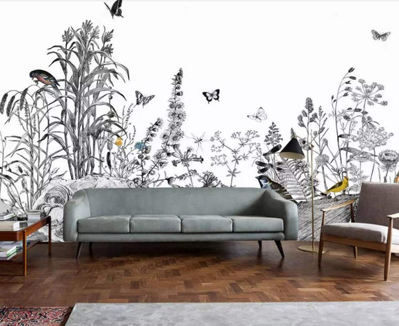 Papier Peint 3D Papillon Noir Et Blanc Reed Bird Jardin Dessiné À La Main Peinture Amovible Sticker Mural Home Decor Art