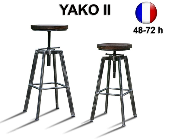 Tabouret de Bar Réglable YAKO 2 Design Luxe Loft Vintage Industriel Gris Brossé Métal & Bois