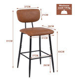 Nusetx Tabouret de Bar Lot de 2 Chaise de Bar avec Dossier et Repose-Pieds Tabourets Haute pour Cuisine Salle à Manger Bistro Rembourrés de 65 cm de Haut Marron