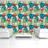 Fototapete Consalnet ForWall AMF11083_VE Papier Peint Mural en Non-tissé Motif Flamant Rose sur Les Feuilles, Non-tissé, Vert, Rose, Turquoise, VEXXL (312cm. x 219cm.)