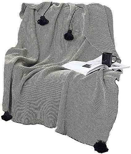 ZGYZ Meubles Modernes Couverture de Jet tricotée à Rayures Noires et Blanches Canapé-lit Ultra Doux avec Pompons Faits à la Main pour fauteuils de canapé Lit de Plage Canapé Pique-Nique, 51