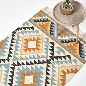 HOMESCAPES - Tapis Kilim en Laine à Motif géométrique Jaune, Fabrication Artisanale - Agra - 120 x 170 cm