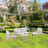 Outsunny Ensemble Salon de Jardin 4 pièces canapé 2 Places + 2 fauteuils + 1 Table Basse Plateau Verre trempé 8 Coussins - métal et résine tressée - Beige