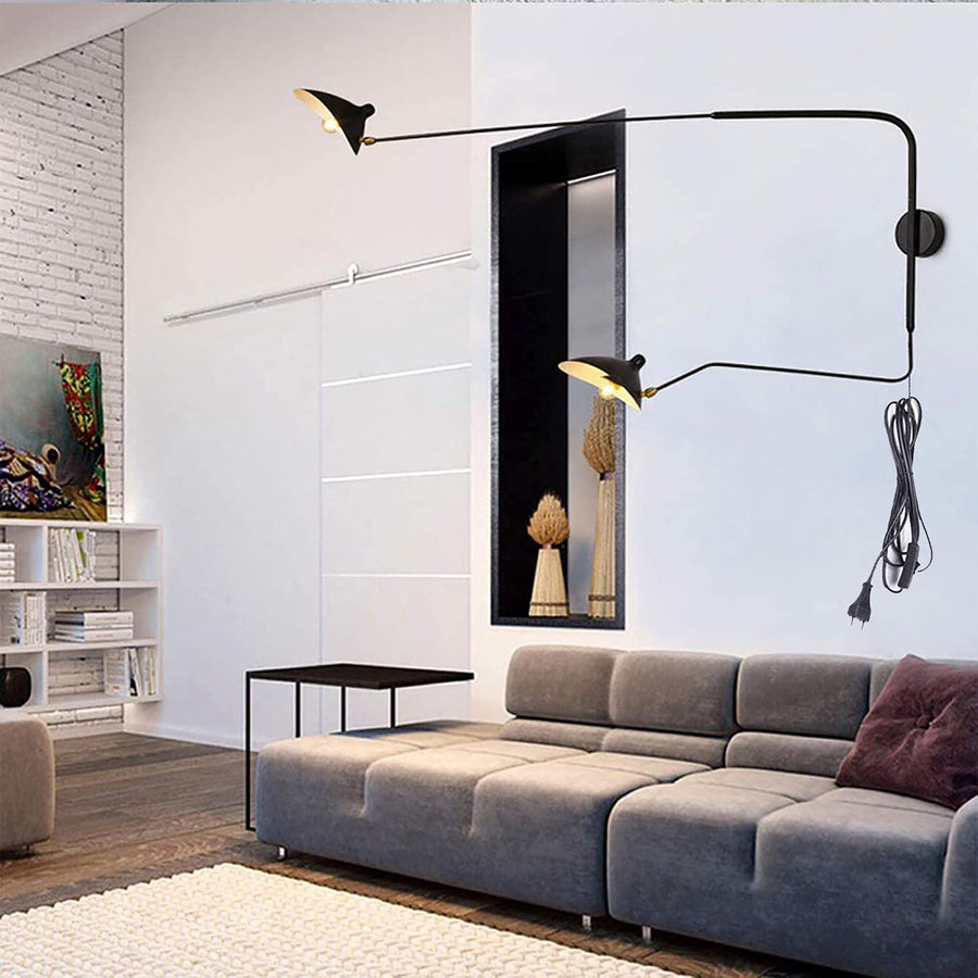 AKBOY Bras Long Applique Murale Vintage Industrielle Spots Muraux avec Interrupteur Tête Réglable Rotatif E27*2 Lampe Murale Intérieur Eclairage Mural Métal Éclairage De Chambre À Coucher,180 * 118cm
