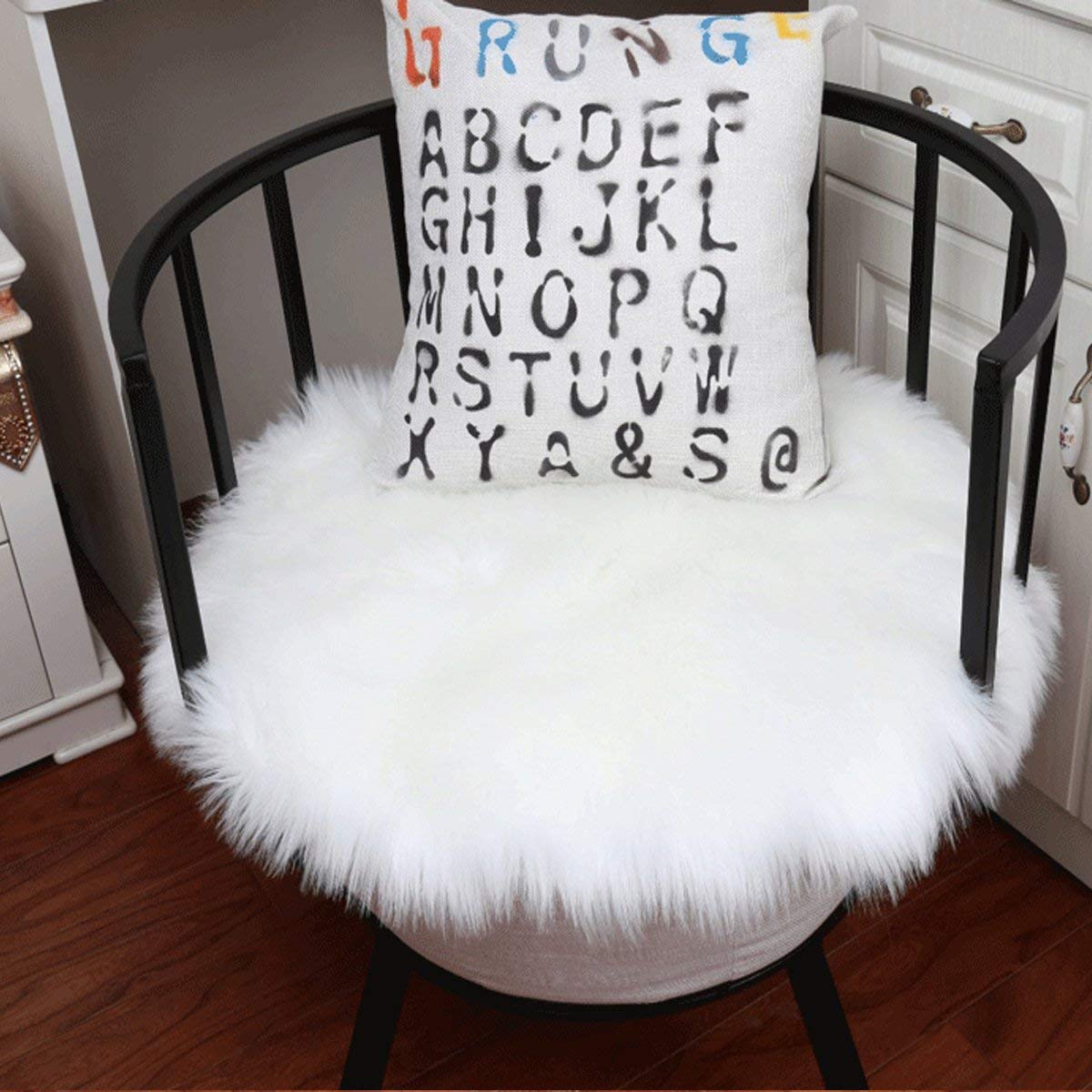 Tapis Fausse Peau De Mouton Rond 60x60 Cm - Laine Douce Et Épaisse - Décoration Canapé, Chaise, Sol - Blanc