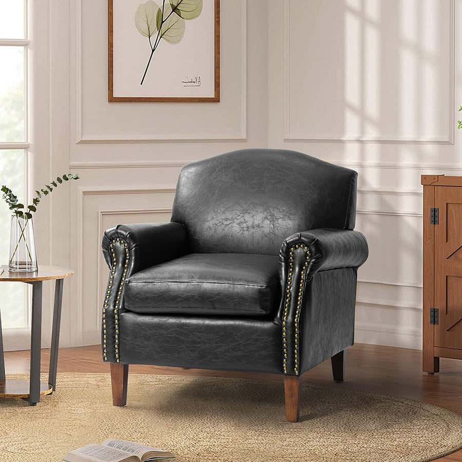 HULALA HOM Chaise d HULALA HOM Chaise d'appoint en Similicuir avec Pieds en Bois rétro Fauteuil rembourré Confortable avec Garniture de tête de Clou Chaise de canapé Simple pour Salon Chambre à Coucher Noir