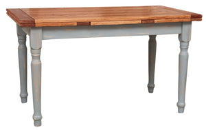 Table à rallonge champêtre en bois massif de tilleul massif, cadre gris antique, plateau fini naturel L160xPR90xH80 cm