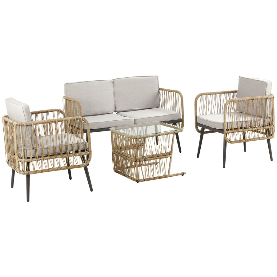 Outsunny Ensemble Salon de Jardin 4 pièces canapé 2 Places + 2 fauteuils + 1 Table Basse Plateau Verre trempé 8 Coussins - métal et résine tressée - Beige Outsunny Ensemble Salon de Jardin 4 pièces canapé 2 Places + 2 fauteuils + 1 Table Basse Plateau Verre trempé 8 Coussins - métal et résine tressée - Beige
