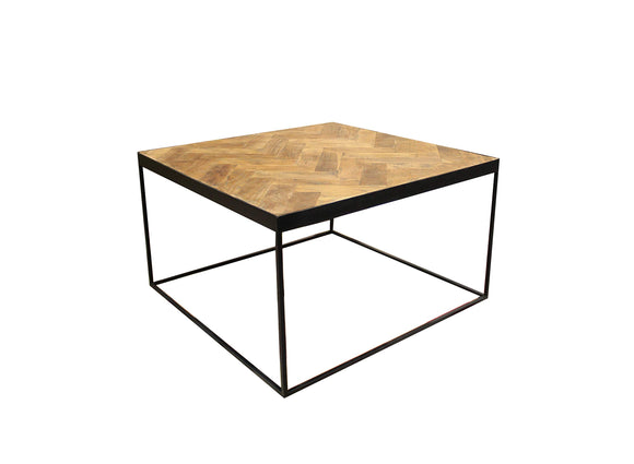 Meubletmoi Table Basse carré en Teck décor Chevron et piétement métal - Design Classique Chic & Industriel - Anna/S