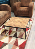 Meubletmoi Table Basse carré en Teck décor Chevron et piétement métal - Design Classique Chic & Industriel - Anna/S