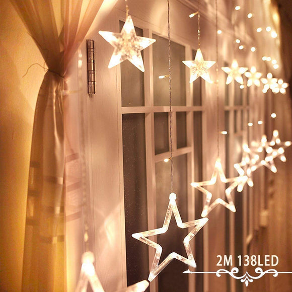 Cortina de Luz LED Estrelas Branco Quente 136 Lâmpadas