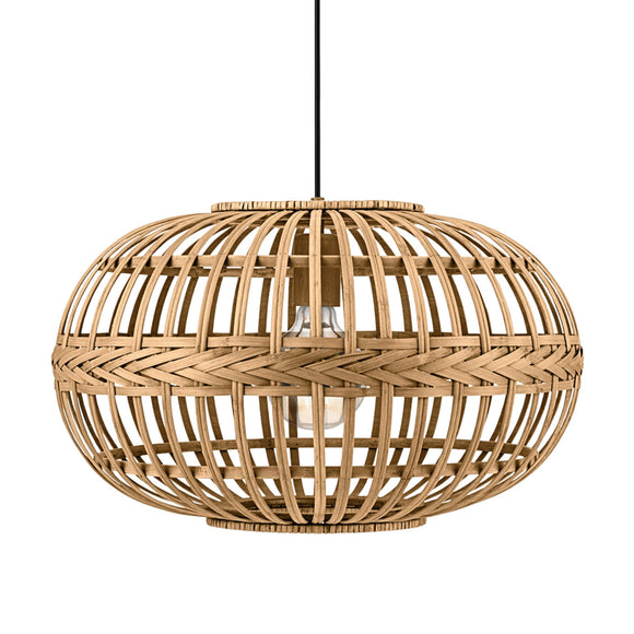 EGLO Suspension luminaire Amsfield, lustre vintage et boho en acier et bois naturel, lampe suspendue pour table à manger et salon, E27, Ø 38 cm