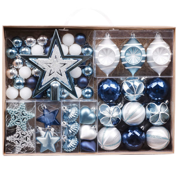 Valery Madelyn 70pcs Boules de Noël Ornements 3-6cm, décoration de Boules de Noël incassables en Plastique Bleu et Argent, Cadeaux de pendentifs de Sapin de Noël (souhaits d'hiver)
