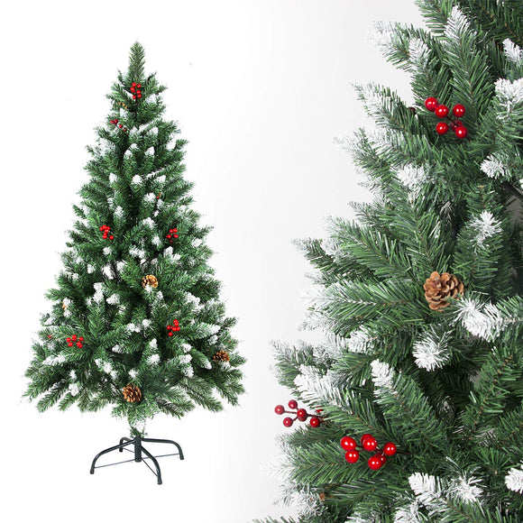 Sunjas Sapin de Noël Artificiel en PVC, avec Neige, Fruits Rouges, Ananas Véritables, Support en métal, Arbre pour Décoration de Noël (150cm, 400 Branches)