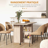 HOMCOM Table à Manger Pliante Mobile sur roulettes avec 2 Plateaux rabattables et 2 étagères intégrées - 140 x 80 x 74 cm Naturel