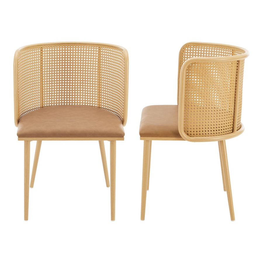 [en.casa] Lot de 2 Chaises de Salle à Manger Cuisine Design Siège Simili Dossier Rotin Pieds en Métal 75 x 52 x 49 cm Marron Effet Bois