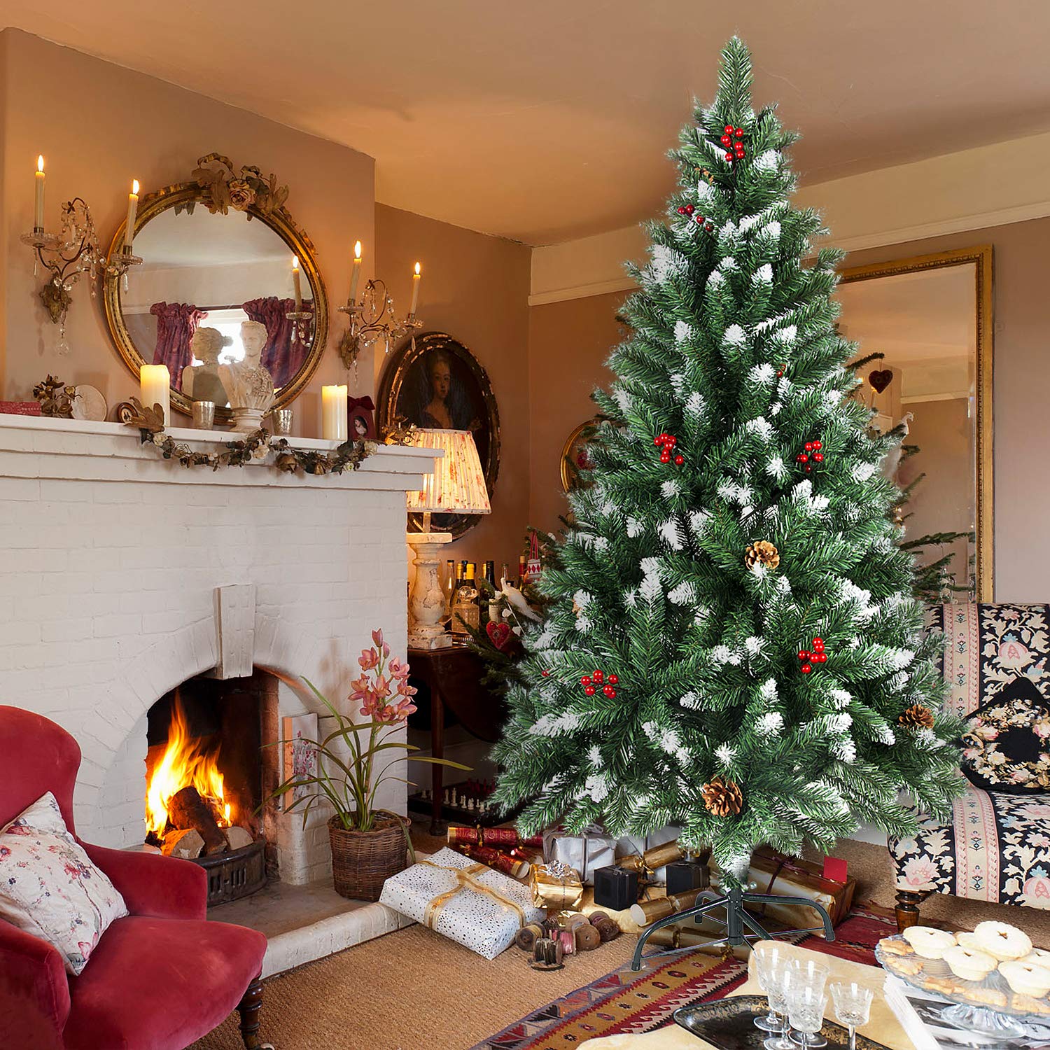 Sapin De Noël Artificiel 180 Cm – 800 Branches Denses + Décor Baies Rouges, Pommes De Pin & Boules Dorées – PVC Premium Ignifugé + Pied Métal Stable