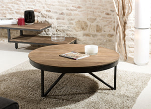 Macabane Table Basse Ronde 90 x 90 cm Bois et métal, Teck, Brun, 90 x 90 x 35 cm