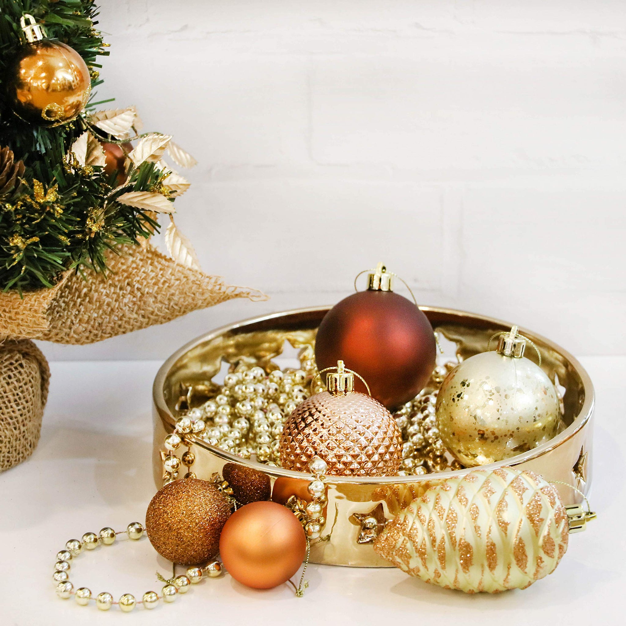 Lot De 70 Boules De Noël En Plastique - Thème Forêt (Bronze/Vert) - Avec Crochet De Suspension - Décoration Sapin